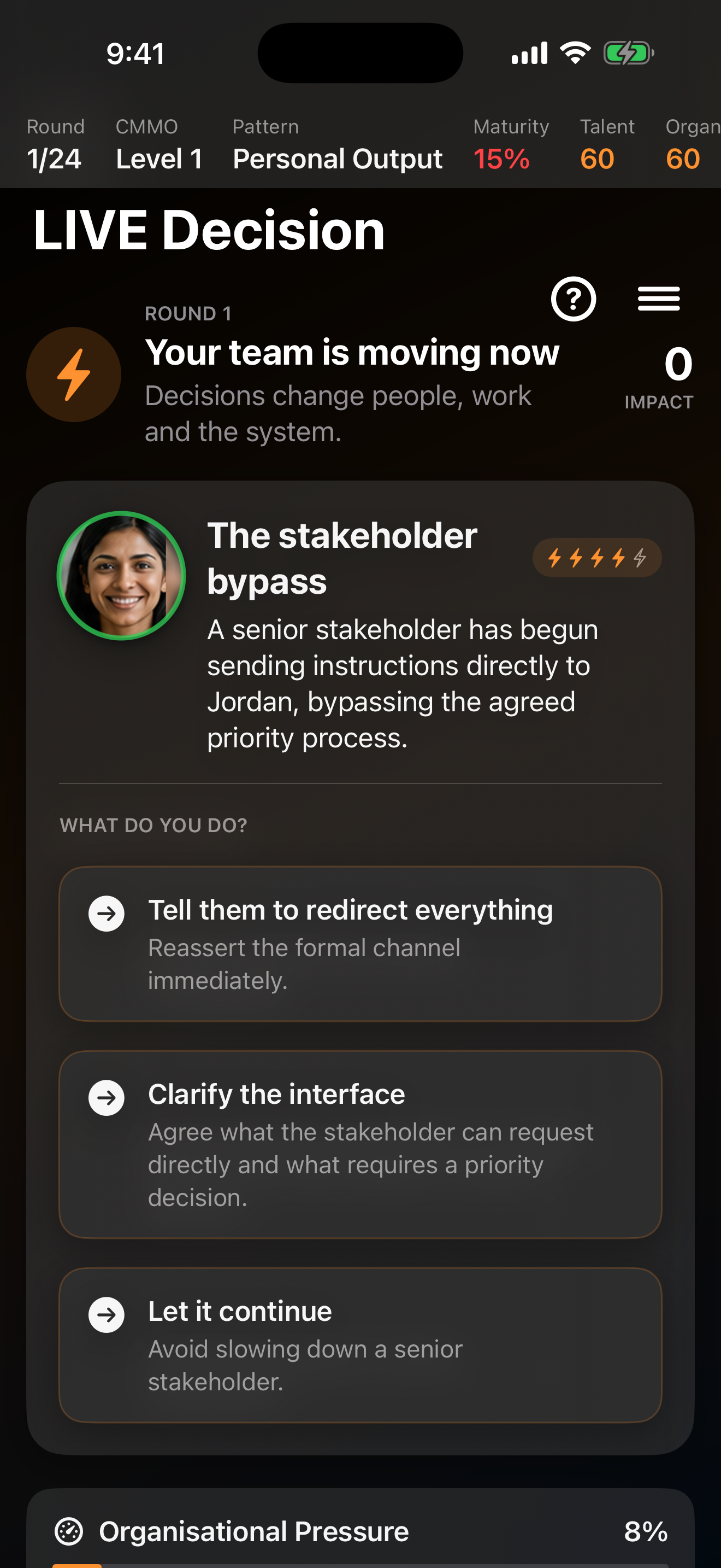 Leadership Intelligence Simulator LIVE Decision screen on iPhone